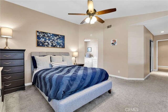 13950 High Falls Trl, Apple Valley, CA 92307 - bedroom featuring carpet floors, baseboards, ceiling fan, and ensuite bathroom