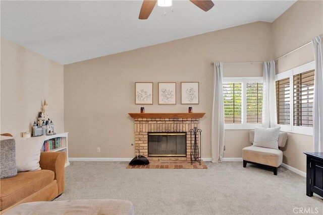 13950 High Falls Trl, Apple Valley, CA 92307 - living area with vaulted ceiling, carpet, ceiling fan, a fireplace, and baseboards