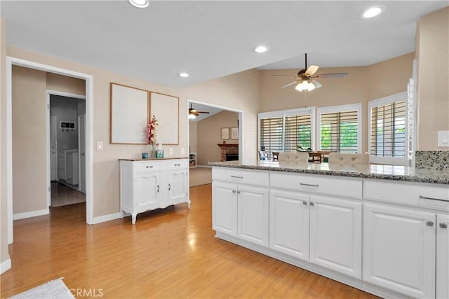 13950 High Falls Trl, Apple Valley, CA 92307 - kitchen featuring a ceiling fan, light wood finished floors, white cabinets, and recessed lighting