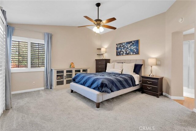 13950 High Falls Trl, Apple Valley, CA 92307 - bedroom featuring vaulted ceiling, light colored carpet, baseboards, and ceiling fan