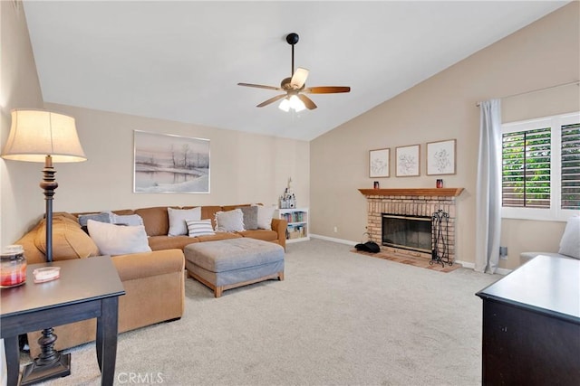 13950 High Falls Trl, Apple Valley, CA 92307 - carpeted living room featuring lofted ceiling, a ceiling fan, a brick fireplace, and baseboards