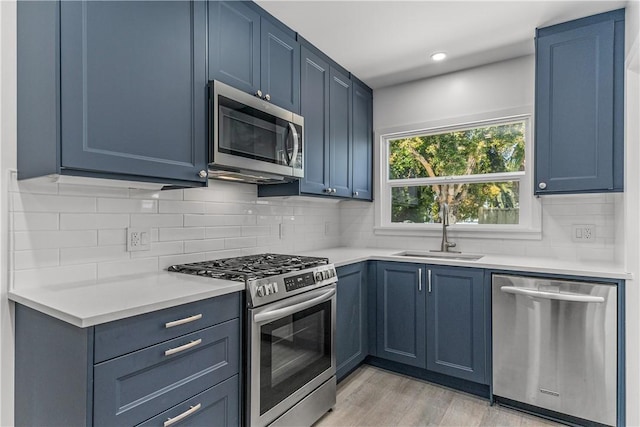 2125 256th St, Lomita, CA 90717 - kitchen featuring stainless steel appliances, light countertops, blue cabinetry, and decorative backsplash