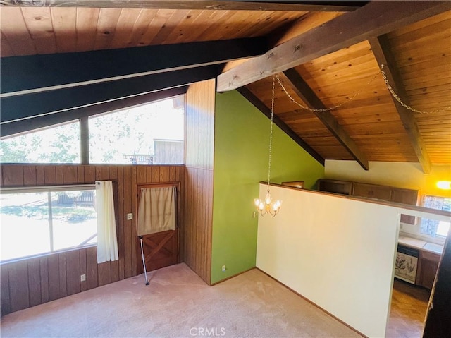 2521 Cedarwood Dr, Pine Mountain Club, CA 93222 - additional living space with wooden ceiling, a chandelier, wooden walls, and carpet