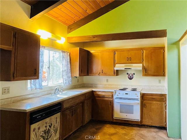 2521 Cedarwood Dr, Pine Mountain Club, CA 93222 - kitchen with dishwasher, white electric range, a sink, under cabinet range hood, and light countertops