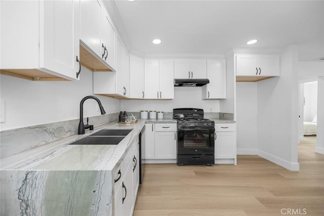 201 S Melrose St, Placentia, CA 92870 - kitchen featuring black range with gas cooktop, a sink, under cabinet range hood, white cabinetry, and recessed lighting