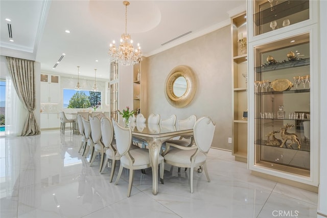 410 Audraine Dr, Glendale, CA 91202 - dining space with a chandelier, crown molding, light marble finish flooring, and recessed lighting