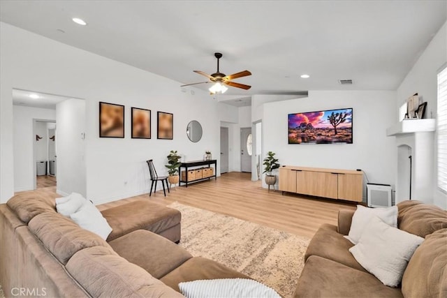 5947 Lupine Ave Unit 29, Palms, CA 92277 - living room with ceiling fan, light wood-style flooring, recessed lighting, and baseboards