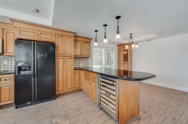 8072 Sundance Ln, La Palma, CA 90623 - kitchen with black fridge with ice dispenser, a peninsula, wine cooler, light wood-style flooring, and crown molding