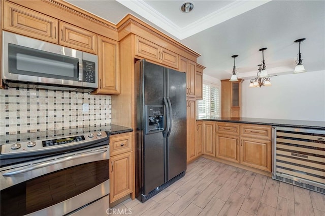 8072 Sundance Ln, La Palma, CA 90623 - kitchen featuring stainless steel appliances, wine cooler, crown molding, tasteful backsplash, and a peninsula