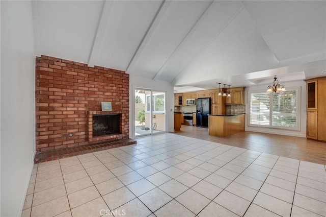 8072 Sundance Ln, La Palma, CA 90623 - unfurnished living room with a chandelier, light tile patterned floors, a fireplace, beam ceiling, and high vaulted ceiling