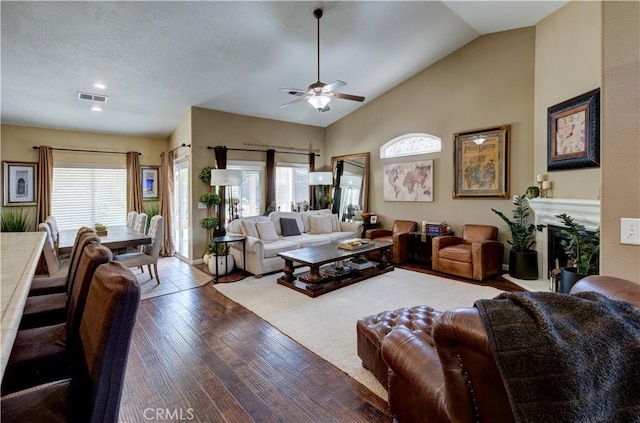 2267 Lorena Ave, Sanger, CA 93657 - living room with ceiling fan, wood finished floors, and lofted ceiling