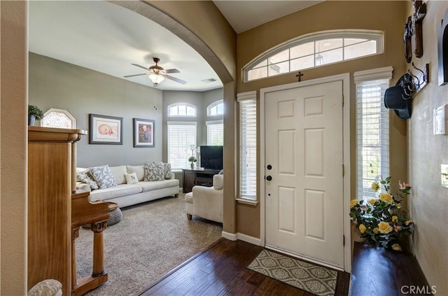 2267 Lorena Ave, Sanger, CA 93657 - foyer with ceiling fan, dark wood finished floors, and baseboards