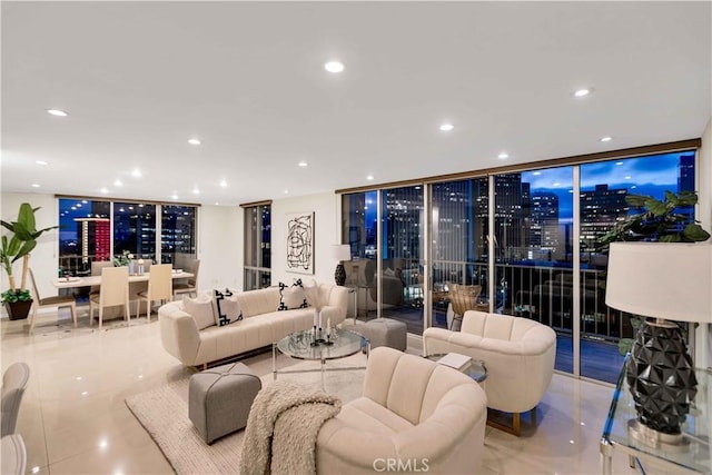2160 Century Park E Unit 1512, Los Angeles, CA 90067 - living area featuring recessed lighting, a wall of windows, and tile patterned floors