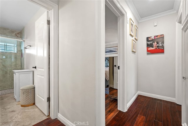 23920 Vanowen St, West Hills, CA 91307 - hall with baseboards, wood finished floors, and crown molding