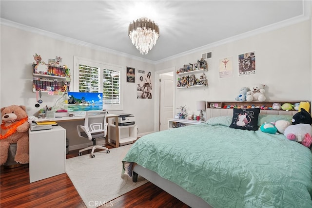 23920 Vanowen St, West Hills, CA 91307 - bedroom featuring ornamental molding, wood finished floors, a desk, and a chandelier