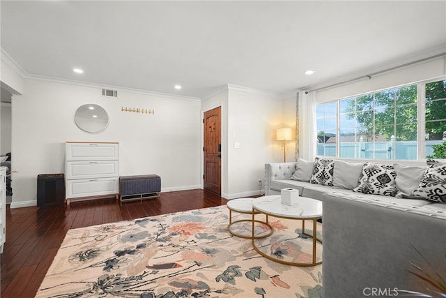 23920 Vanowen St, West Hills, CA 91307 - living area featuring hardwood / wood-style flooring, crown molding, baseboards, and recessed lighting