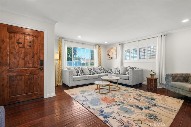 23920 Vanowen St, West Hills, CA 91307 - living area featuring dark wood-type flooring, crown molding, recessed lighting, and baseboards