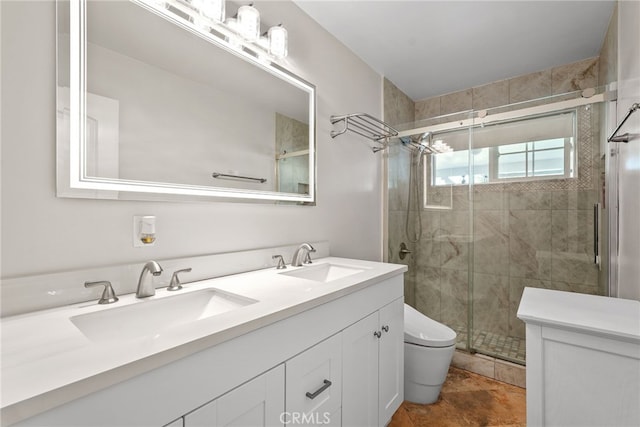 23920 Vanowen St, West Hills, CA 91307 - bathroom with toilet, double vanity, and a stall shower