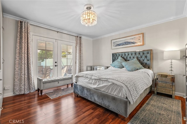 23920 Vanowen St, West Hills, CA 91307 - bedroom featuring french doors, crown molding, a chandelier, wood finished floors, and access to exterior