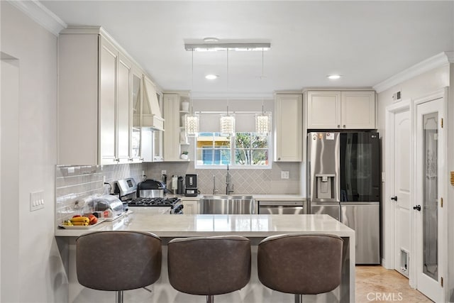 23920 Vanowen St, West Hills, CA 91307 - kitchen featuring stainless steel appliances, a sink, crown molding, custom exhaust hood, and backsplash