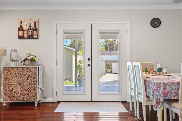 23920 Vanowen St, West Hills, CA 91307 - doorway to outside featuring french doors, wood-type flooring, and ornamental molding
