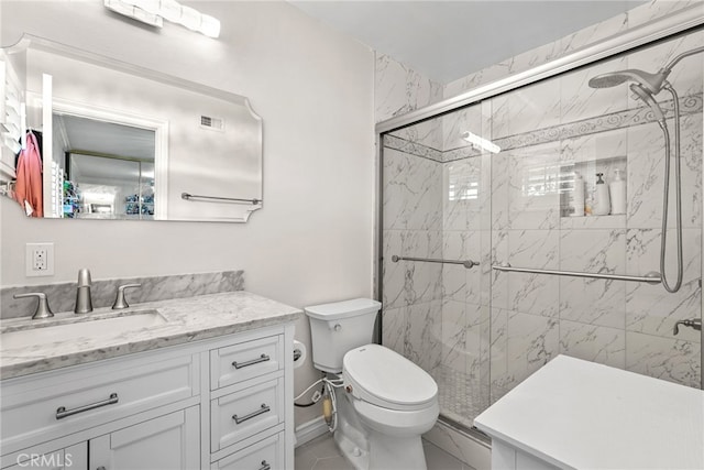 23920 Vanowen St, West Hills, CA 91307 - bathroom featuring vanity, a marble finish shower, toilet, and a baseboard heating unit