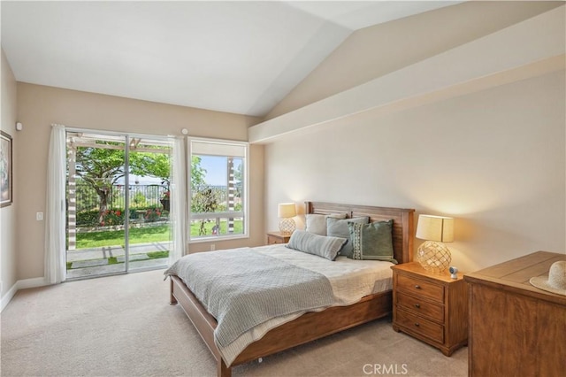 28291 La Plumosa, Laguna Niguel, CA 92667 - bedroom featuring access to exterior, light colored carpet, vaulted ceiling, and baseboards
