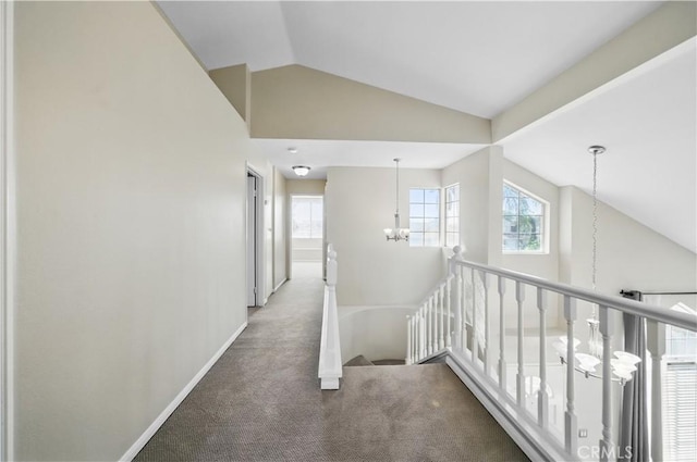 31070 Larchwood St, Menifee, CA 92584 - corridor with an upstairs landing, carpet flooring, vaulted ceiling, healthy amount of natural light, and a chandelier