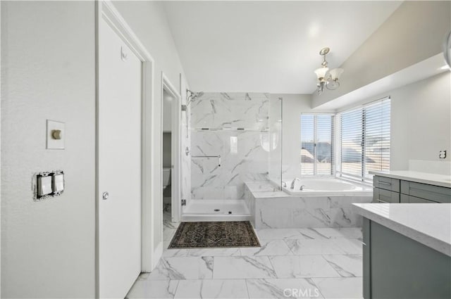 31070 Larchwood St, Menifee, CA 92584 - bathroom with marble finish flooring, a garden tub, vanity, a chandelier, and a marble finish shower
