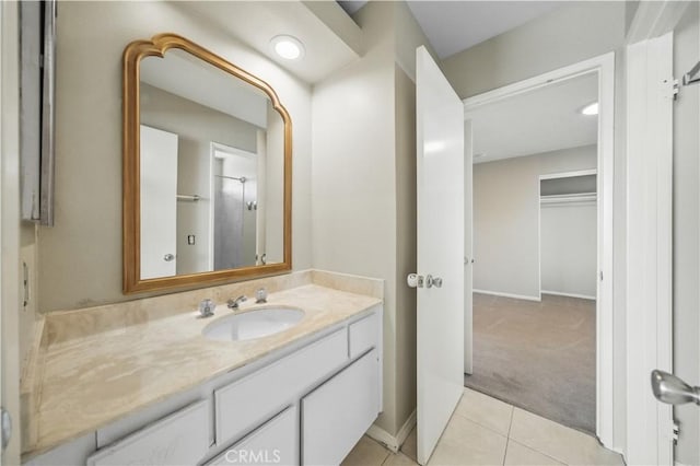 31070 Larchwood St, Menifee, CA 92584 - bathroom with vanity, tile patterned floors, and a shower