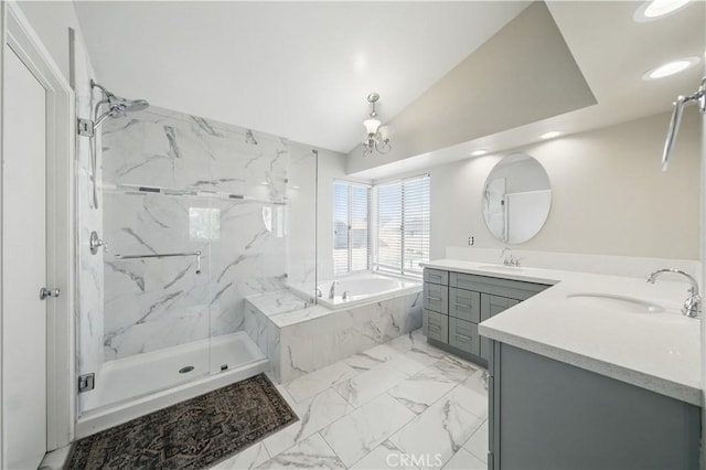 31070 Larchwood St, Menifee, CA 92584 - full bath featuring a garden tub, double vanity, marble look tiles, a marble finish shower, and lofted ceiling