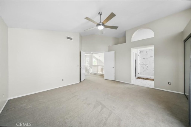 31070 Larchwood St, Menifee, CA 92584 - unfurnished bedroom featuring carpet flooring, ensuite bath, a ceiling fan, and high vaulted ceiling