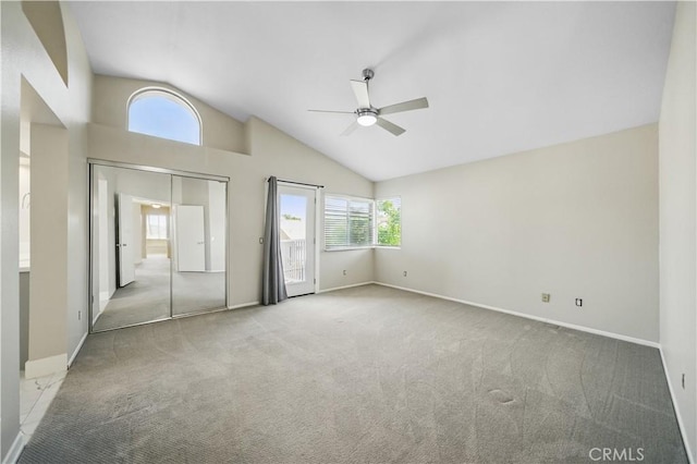 31070 Larchwood St, Menifee, CA 92584 - unfurnished bedroom featuring carpet floors, multiple windows, high vaulted ceiling, and a ceiling fan
