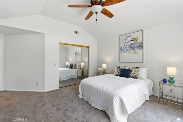 1272 Avenida Roundelay, San Jacinto, CA 92583 - carpeted bedroom with lofted ceiling, a closet, a ceiling fan, and baseboards