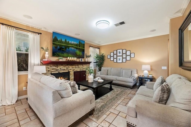 23328 Stone Rdg, Murrieta, CA 92562 - living area with ornamental molding, a stone fireplace, and baseboards