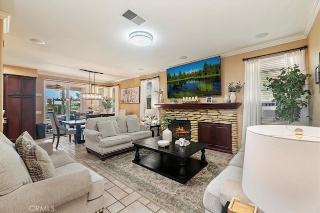 23328 Stone Rdg, Murrieta, CA 92562 - tiled living area featuring ornamental molding, a fireplace, and cooling unit