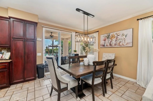 23328 Stone Rdg, Murrieta, CA 92562 - dining space featuring plenty of natural light, baseboards, ornamental molding, light stone finish floors, and ceiling fan