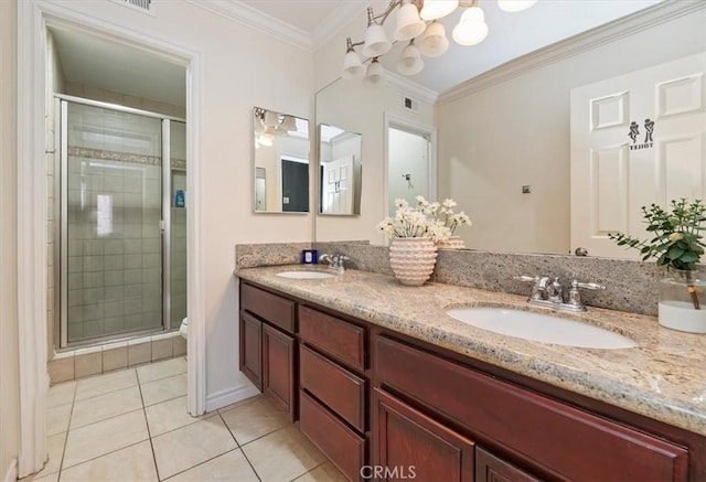 23328 Stone Rdg, Murrieta, CA 92562 - bathroom with double vanity, a stall shower, tile patterned floors, toilet, and crown molding