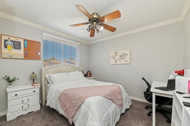 23328 Stone Rdg, Murrieta, CA 92562 - bedroom featuring dark colored carpet, crown molding, baseboards, ceiling fan, and an office area