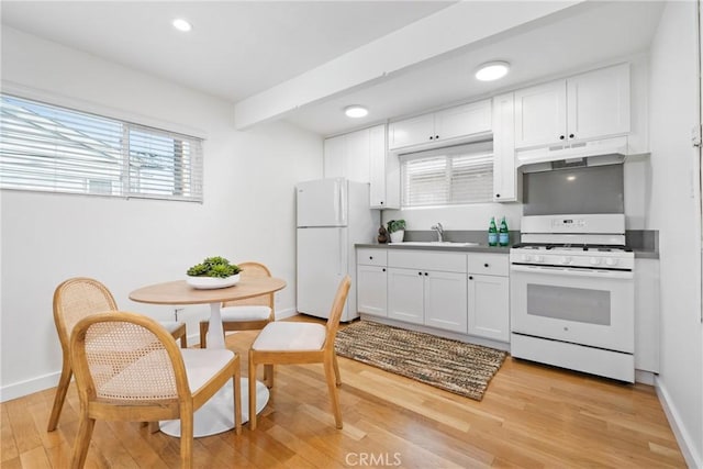 502 36th St, Newport Beach, CA 92663 - kitchen featuring white appliances, under cabinet range hood, a sink, white cabinetry, and recessed lighting