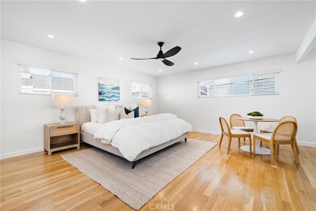 502 36th St, Newport Beach, CA 92663 - bedroom with light wood-style floors, baseboards, recessed lighting, and ceiling fan