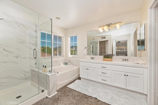 24320 Calle Estancia, Murrieta, CA 92562 - bathroom featuring a bath, a marble finish shower, double vanity, and tile patterned flooring