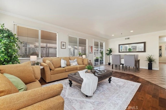 24320 Calle Estancia, Murrieta, CA 92562 - living room with crown molding, recessed lighting, and wood-type flooring
