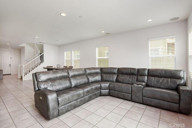 706 Leather Oak Ln, Pomona, CA 91766 - living room with stairs, light tile patterned floors, and recessed lighting