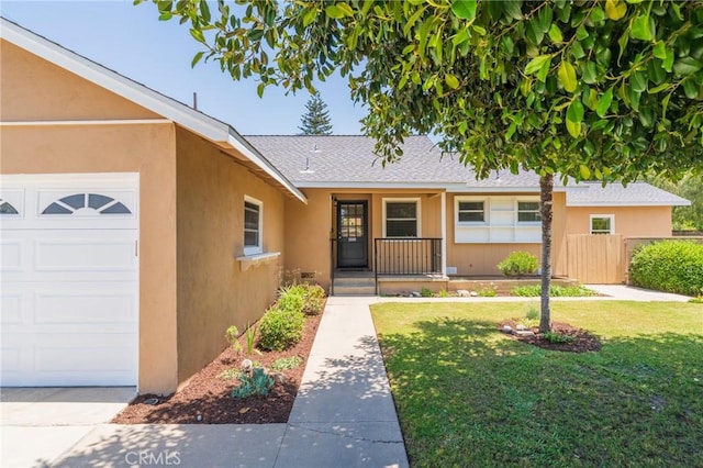 404 N Pear Knl, Anaheim, CA 92805 - view of front facade with roof with shingles, a porch, a garage, and stucco siding