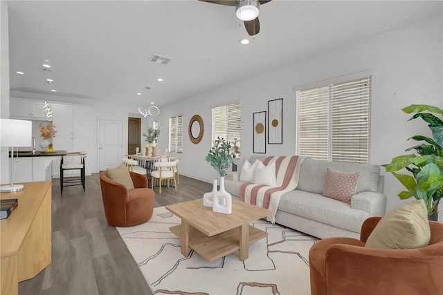 15814 Moonflower Ave, Chino, CA 91708 - living room featuring light wood-type flooring, recessed lighting, and ceiling fan