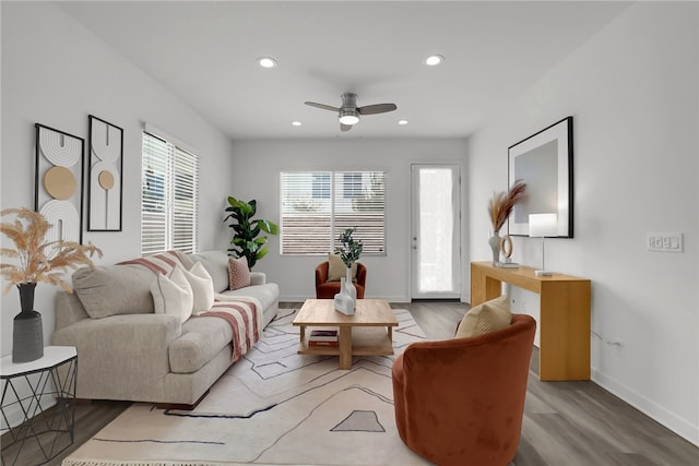 15814 Moonflower Ave, Chino, CA 91708 - living area with a ceiling fan, recessed lighting, baseboards, and wood finished floors