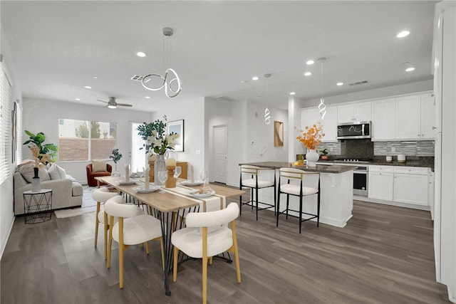 15814 Moonflower Ave, Chino, CA 91708 - dining room featuring recessed lighting, dark wood finished floors, a ceiling fan, and baseboards
