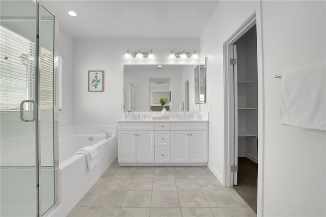 15814 Moonflower Ave, Chino, CA 91708 - bathroom with tile patterned flooring, a stall shower, a bath, and double vanity