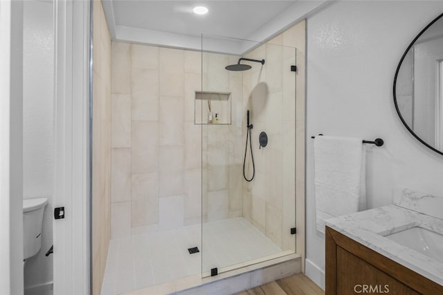 22526 Lake Forest Ln, Lake Forest, CA 92630 - full bath featuring a tile shower, vanity, and wood finished floors